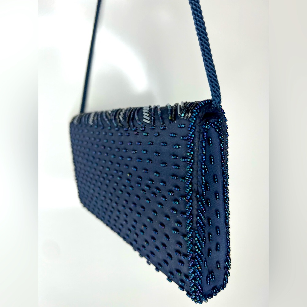 Vintage 1960s Genie Cross Body Beaded Purse Black/Navy Blue/Silver Evening Bag - Picture 7 of 16